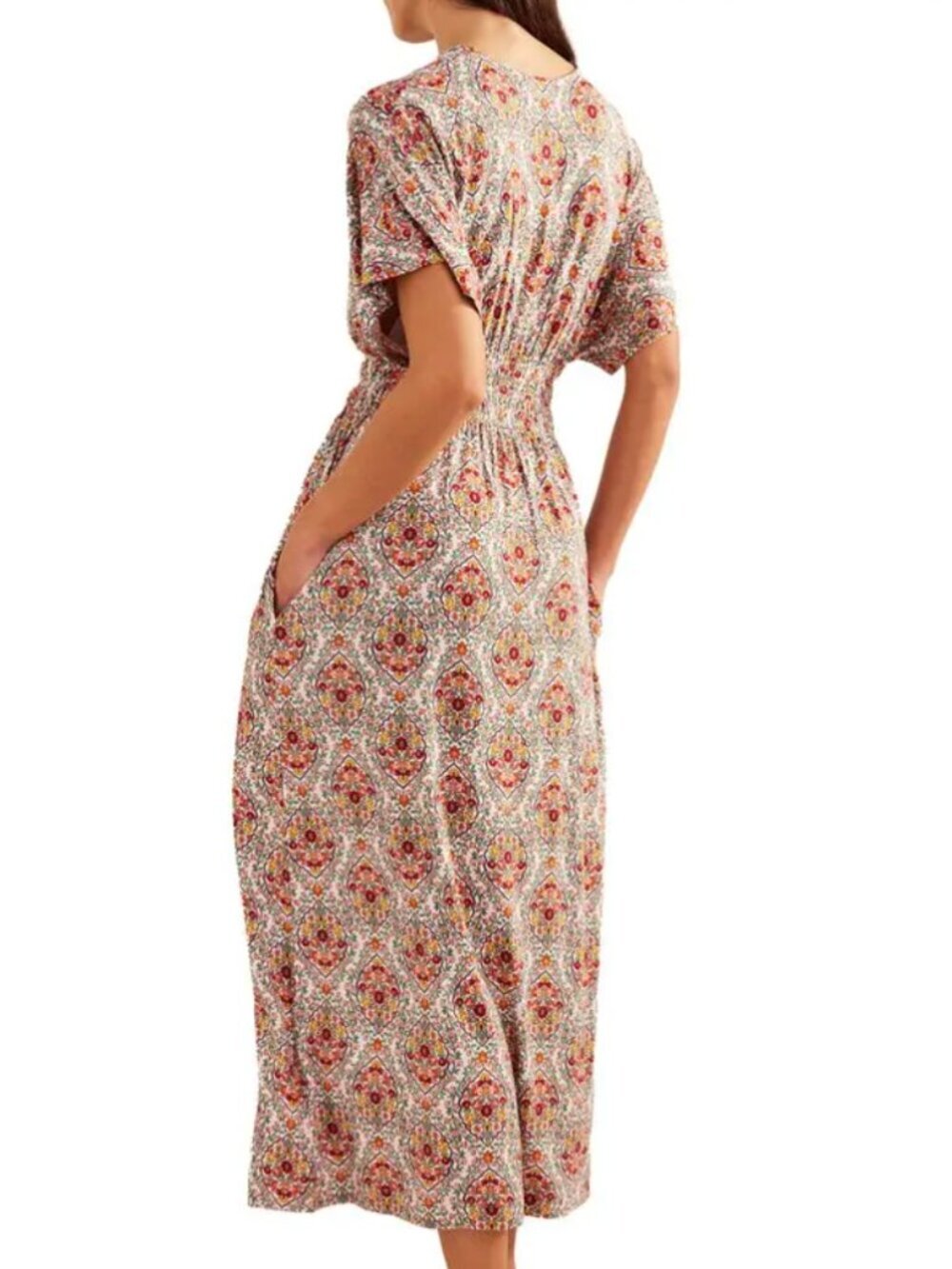 Boden Smock Waist Flutter Short Sleeve V Neck Maxi Dress Red Floral Print, 12P - Picture 4 of 13